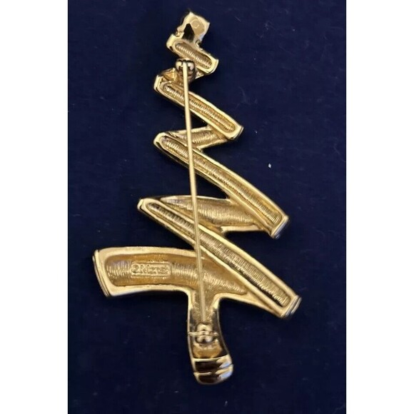 Vintage Monet Christmas Tree Brooch Rhinestone Gold Tone Zig Zag Holiday Pin - Picture 2 of 5